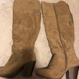 Over the knee brown heeled boots